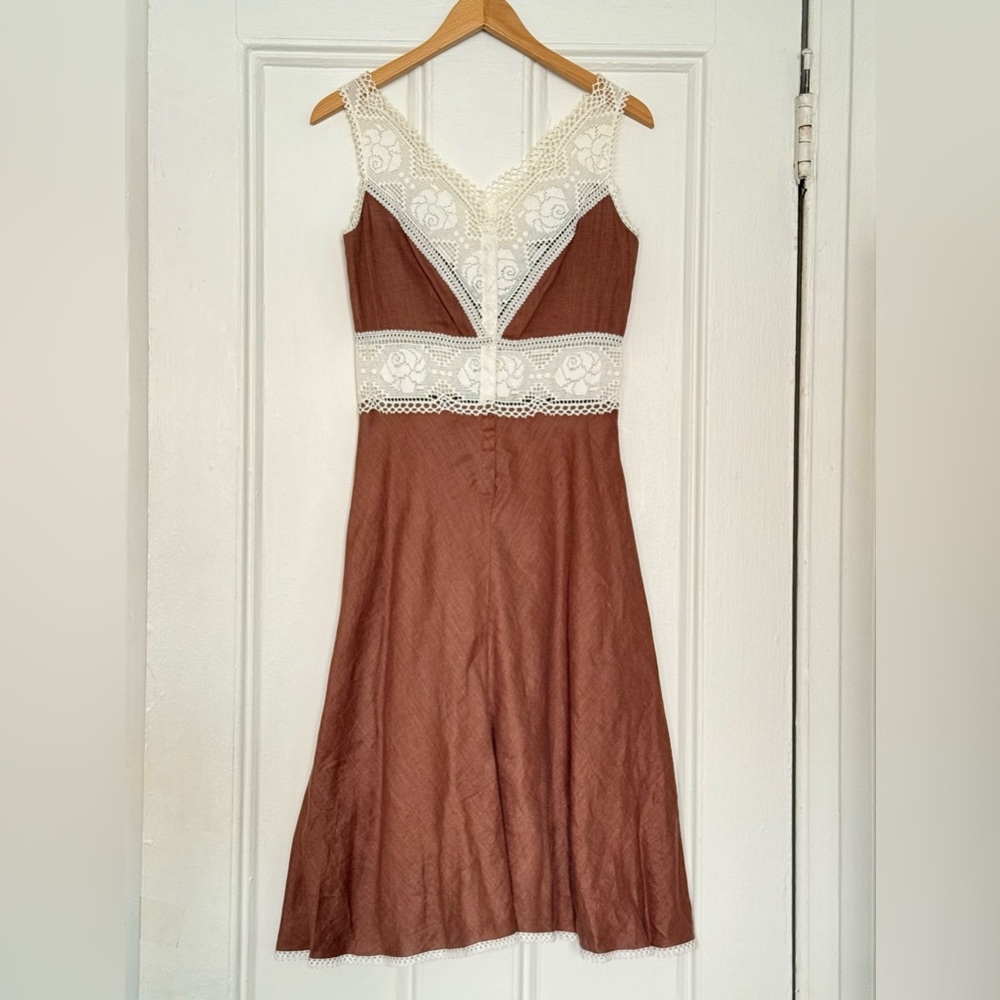 Miguelina brown linen and lace dress